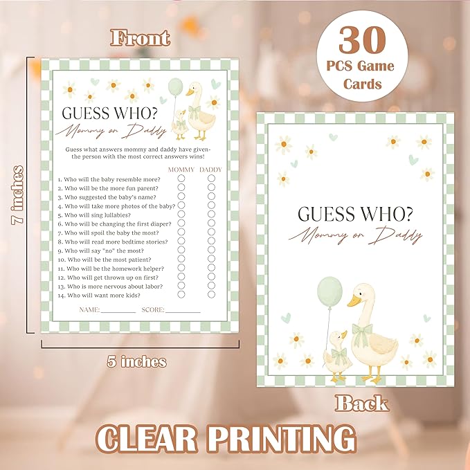 Goose Baby Shower Games, Sage Green Little Goose Guess Who Mommy or Daddy Game for 30 Guests with Game Cards, Gender Reveal, Baby Shower Supplies & Decorations (DV13)
