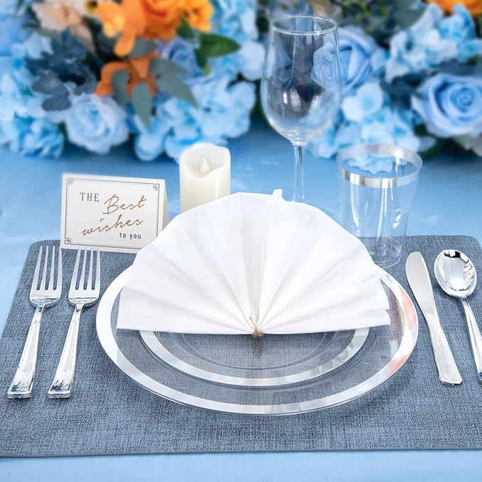 YOUBET 175PCS Clear Plastic Plates with Silver Rim include -Disposable Silver Plstic Plates Includes 50 Silvery Plastic Plate, 25Forks, 25Knives, 25Spoons, 25Cups, 25Napkins for Wedding & Party