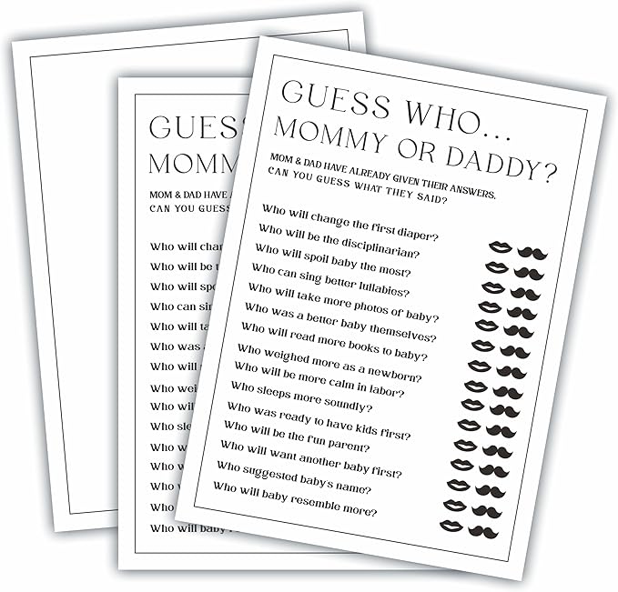 5" X 7" Baby Shower Party Games-Set Of 30 Minimalism Black & White-Mommy Or Daddy Game For Guest-Wishes For Baby-Baby Announcement Gender Reveal Game Card 03