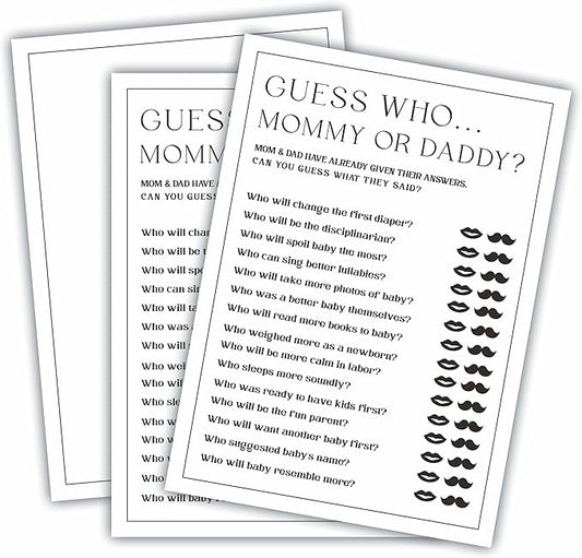 5" X 7" Baby Shower Party Games-Set Of 30 Minimalism Black & White-Mommy Or Daddy Game For Guest-Wishes For Baby-Baby Announcement Gender Reveal Game Card 03