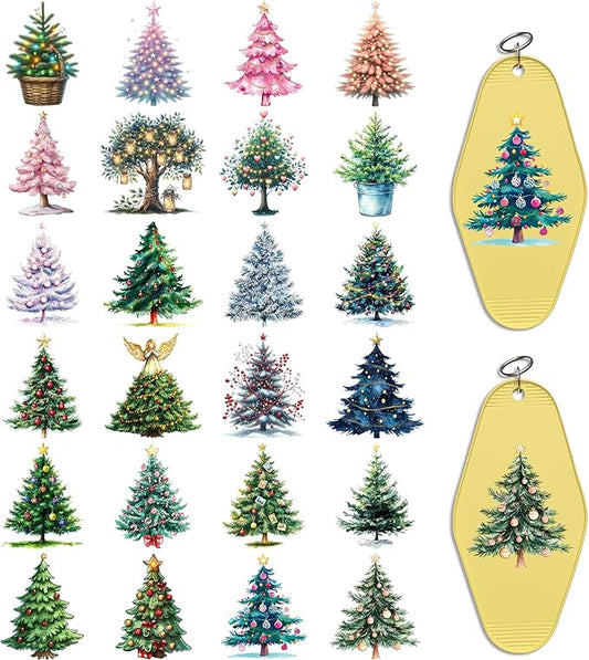UV DTF Keychain Sticker,48 Sheets Colorful Christmas Tree Waterproof and Scratch Resistant Vinyl Sticker Suitable for School Themes, Hotel Keychain