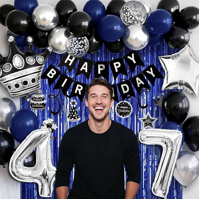 47th Birthday Decorations for Men and Women, Black Blue Silver Happy Birthday Number 47 Balloons, Banner, Fringe Curtains Garland Kit - 47 Year Old Party Supplies