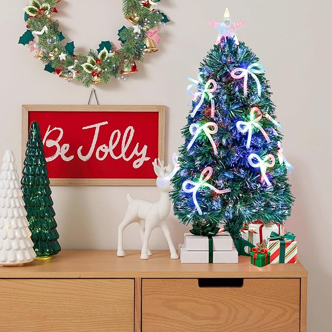 Joyhalo 3 FT Fiber Optic Mini Christmas Tree, Pre Lit Christmas Tree, Table Top Small Christmas Trees with Star Tree Topper，Bows, Metal Stand