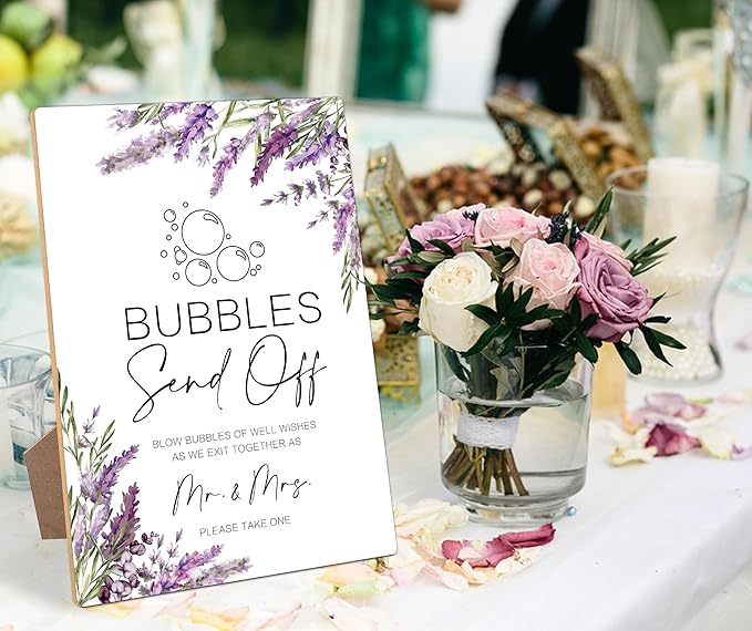 Wedding Bubble Send Off Sign, Lavender Bridal Shower Decorations, Engagement Party Decor, Centerpieces for Tables, Purple Floral Wooden Sign with Stand for Wedding Reception And Bridal Party Decor, 33