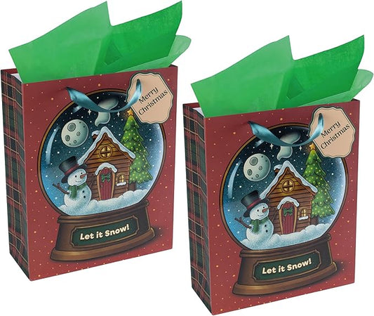 RACHELLE'S Snow Globe Christmas Gift Bags – Medium 13"x10"x4" (2-Pack) – Sturdy Paper Gift Bags with Tissue Paper, Tag and Handle – Let It Snow – Perfect for Christmas Holiday Gifting & Party Favors