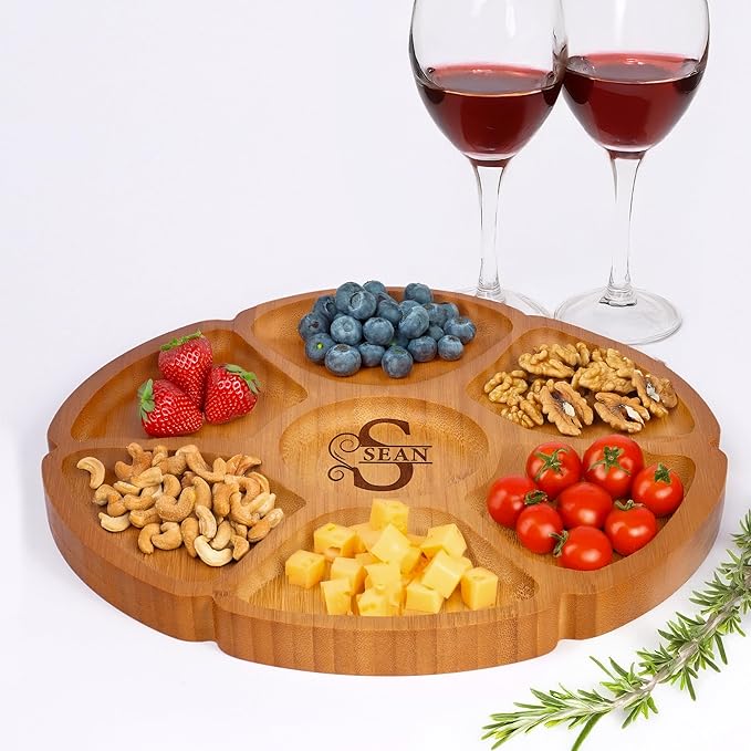 Custom Engraved Bamboo 11" Serving Tray – Personalized 7-Divided Flower Petal Platter, Perfect for Snacks, Appetizers, Charcuterie, Parties, Weddings, Housewarming, and Entertaining Gifts