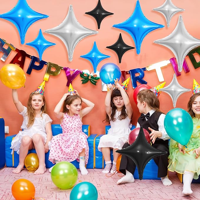 Black Blue Silver Star Balloons,12Pcs Four Angle Star Foil Balloons,26Inch and 10Inch Black Silver Blue Quadrangle Helium Balloon for Birthday Anniversary Party Decorations