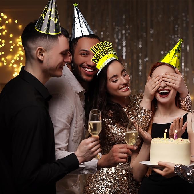 100PCS New Years Party Supplies, New Years Eve Headband 50 Guests, New Year Party Supplies, Cardboard Cone Hat Eve Hats and Tiaras Party Horns Fringed NYE Gold Black Silver
