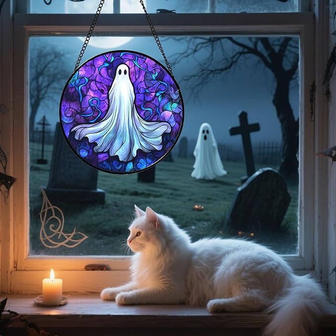 Stained Glass Window Hanging - Halloween Decoration Fantasy Ghost Suncatcher for Door Garden Spooky Blue Purple Sun Catchers Gothic Decor Horror Gifts for Women Men Friend Boy Girl 9.8 in
