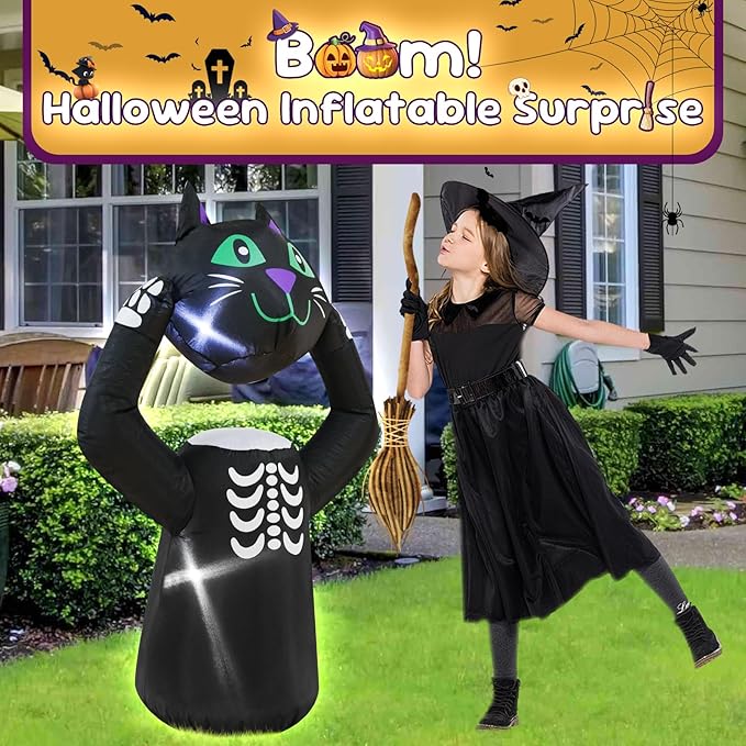 4FT Cat Holding Its Own Head Halloween Inflatable Decoration Blow Up Decor with LED Lights Indoor Outdoor Yard Graden Halloween Party Holiday Decoration