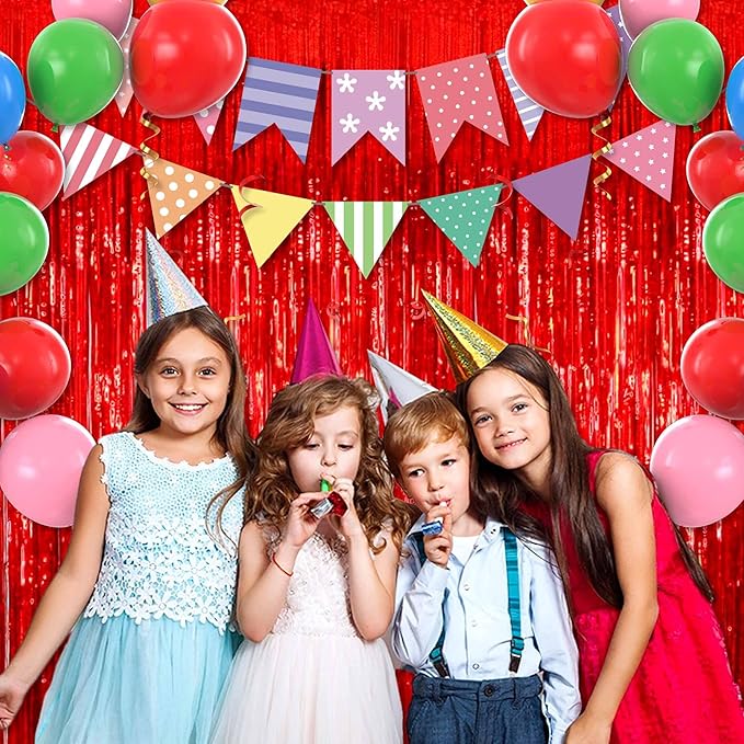 3 Pack Red Foil Fringe Curtains Backdrop, 3.28 x 8.2 Ft Metallic Streamers Tinsel Curtains Background for Photo Booth, Birthday, Christmas, Halloween, Thanksgiving, New Year Party Decorations
