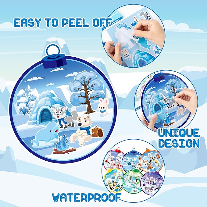 CY2SIDE Polar Animal Stickers Scene - 12 Set Winter Animal Color Sorting Sticker Art Craft for Kids Make A Crystal Ball Scene with Polar Animals DIY Crafts for Kids Holiday Class Party