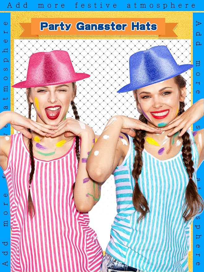 28 Pack Plastic Party Hats Bulk Glitter Party Hat Fedora Party Hat Gangster Hat for Adult Kids Costume Accessory