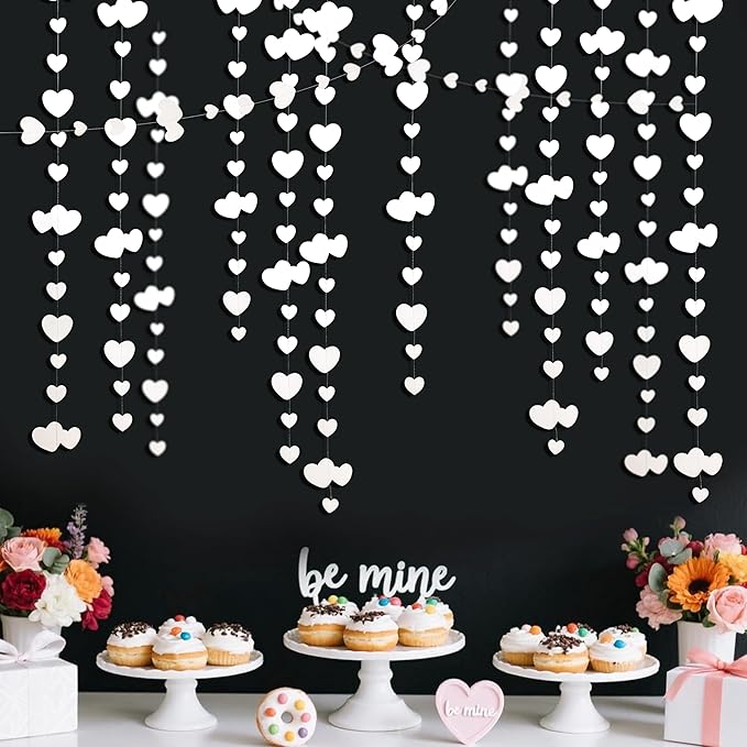 52Ft Valentines Day Party Decorations White Heart Garland White Love Heart Hanging Paper Streamer Banner for Wedding Anniversary Bridal Shower Engagement Mothers Day Bachelorette Winter Party Supplies