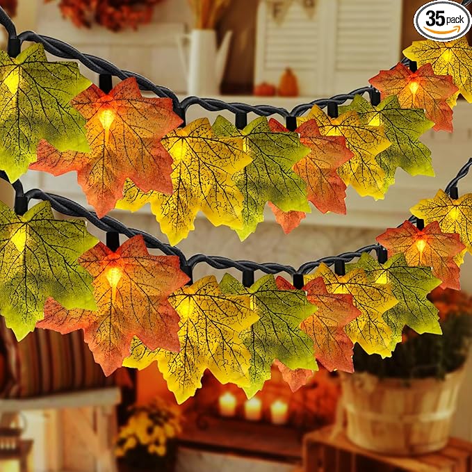 Fall Garland with Lights,13.5ft 35 LED Fall Decor String Lights with Orange Green Yellow Leaf Lights,Thanksgiving Decorations Garland for Home Porch Front Door Table Mantel Halloween Decor