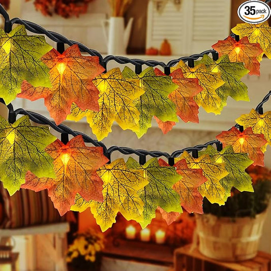 Fall Garland with Lights,13.5ft 35 LED Fall Decor String Lights with Orange Green Yellow Leaf Lights,Thanksgiving Decorations Garland for Home Porch Front Door Table Mantel Halloween Decor