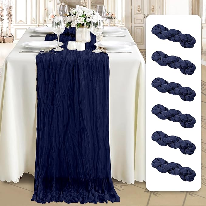 Cheesecloth Table Runner 6 Pack – 35x120 Inch (10ft) Boho Rustic Gauze Cloth Runners – Crinkle Polyester Table Decor for Wedding, Baby Shower, Bridal Shower, Birthday Party and More (Navy Blue)