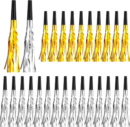 200 Pcs Party Blowers Noise Makers Horns Blowout Clappers Noisemakers for Halloween Christmas Birthday Sporting New Year's Eve Party Supplies 2026(Black Gold, Black Silver)