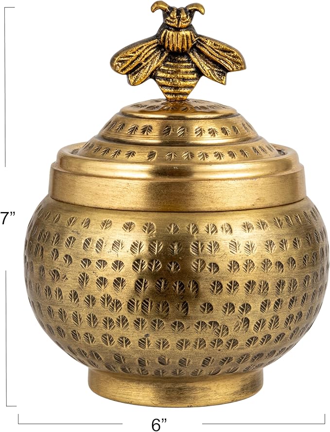 Creative Co-Op Round Hammered Metal Container with Bee Finial, Brass Finish