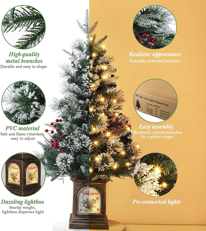 3 ft Prelit Premium Snow Flocked Artificial Christmas Tree with 8 Mode Warm White Led, Mini Prelit Xmas Pine Tree for Christmas Decoration,Yard,Home,Office,Outdoor,Indoor