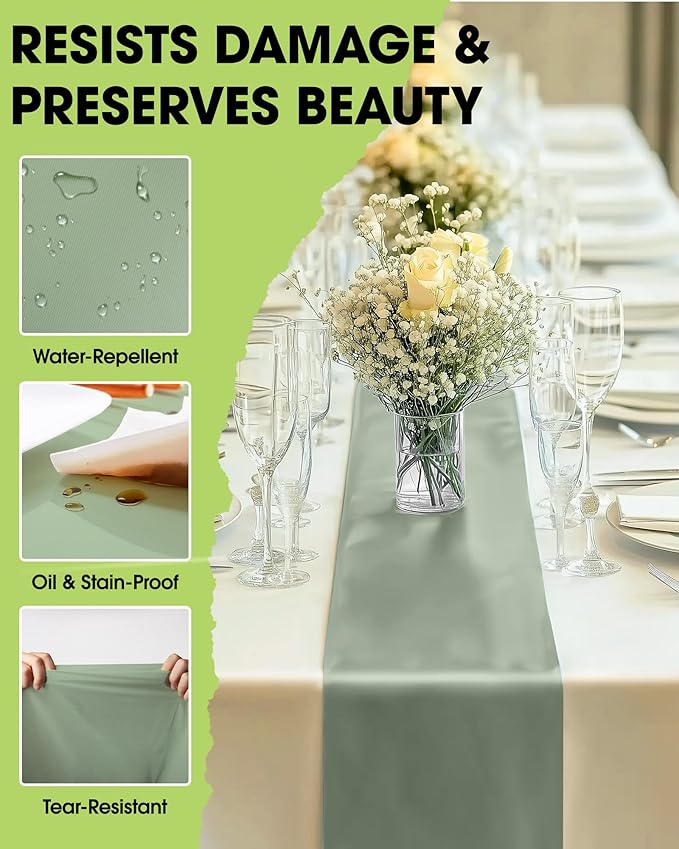 Pureegg Sage Green Plastic Table Runners - 30 Pack, 14'' x 108'', Water Resistant & Disposable Centerpiece Decorations for Table Cloth, Wedding, Birthday, Holiday, Baby Shower, Party, Home Decor