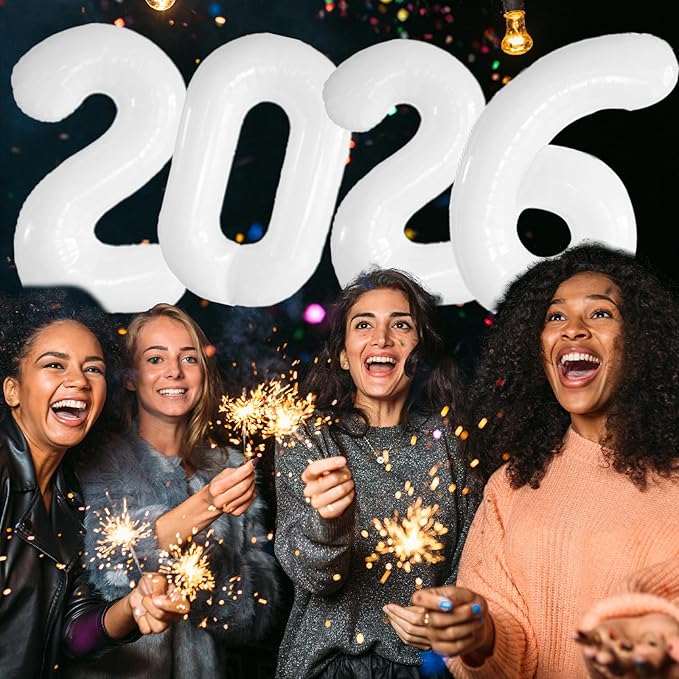 KALOR 42 Inch 2026 White Foil Mylar Number Balloons, Giant 2026 New Years Decorations for 2026 Happy New Year Eve and Graduations Party Supplies