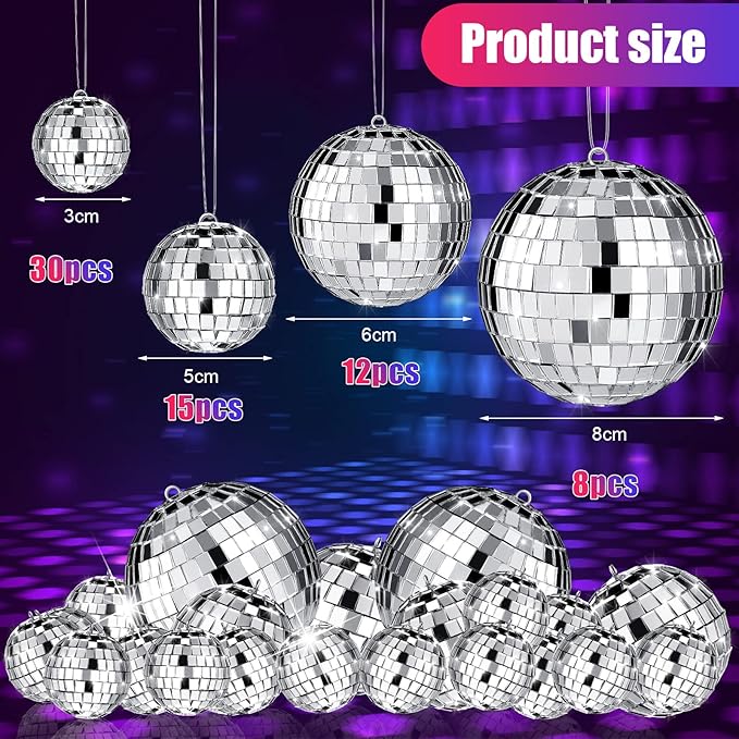 65 Pcs Disco Balls Decorations Assorted Size Disco Ball Ornament Reflective Hanging Mirror Ball Mini Large Silver Balls for Christmas Party Wedding Dance Ballroom Stage(3.2/2.4/2 / 1.2 in)