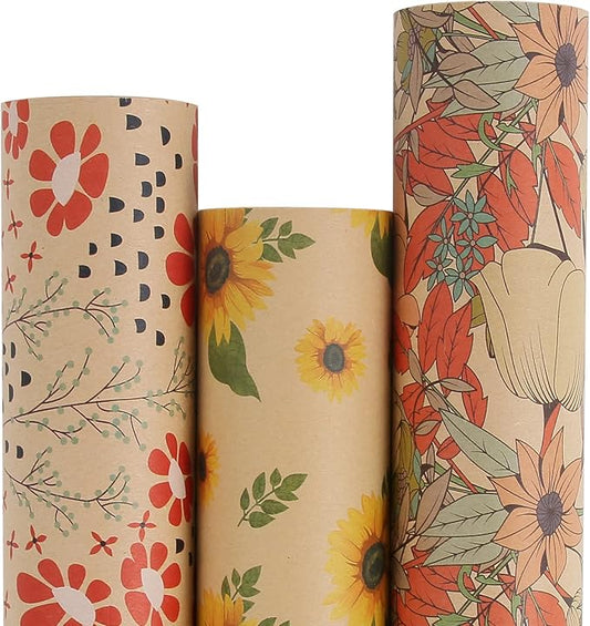Aimyoo Kraft Floral Wrapping Paper Bundle, Vintage Spring Flowers Rose Gift Wrap Paper for Wedding Bridal Shower Birthday, 3 Rolls 17 in x 16 ft per Roll