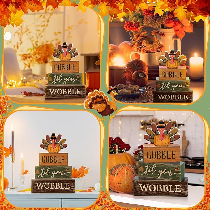 4 Pcs Thanksgiving Decoration for Home Wooden Turkey Decor Thanksgiving Table Decor Fall Tiered Tray Decoration Thanks Giving Centerpiece Rustic Turkey Block Sign for Harvest Party Kitchen