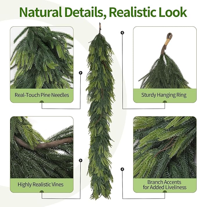 6FT Artificial Norfolk Pine Garland – Real Touch Greenery Garland, Dense Green Plants for Indoor Outdoor Christmas, Holiday, and Home Decoration (1, 9FT)