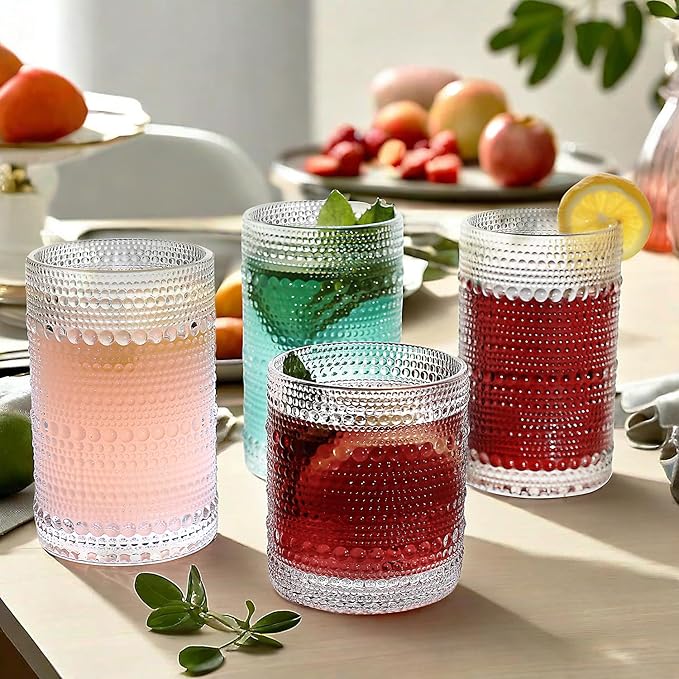 Vintage Hobnail Driinking Glasses Set, Glassware Drinking Set of 8, 12 oz Highball Glasses & 10 oz Cocktail Glasses, Tumbler Glasses for Cocktails, Whiskey, Juice, Milk, Clear