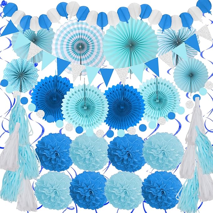 ZERODECO Party Decorations, 41 Pcs Blue Papar Fans Pompoms Garlands String Tissue Paper Tassel for Fiesta Home Bridal Baby Shower Wedding Boy Girl Birthday Party