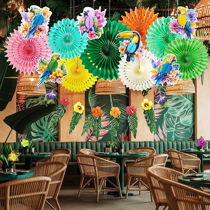PAPER JAZZ Tropical Toucan Hibiscus Party Decorations, Hawaiian Jungle Theme Supplies, Yellow Pink Hanging Ornaments for Luau Tiki Party