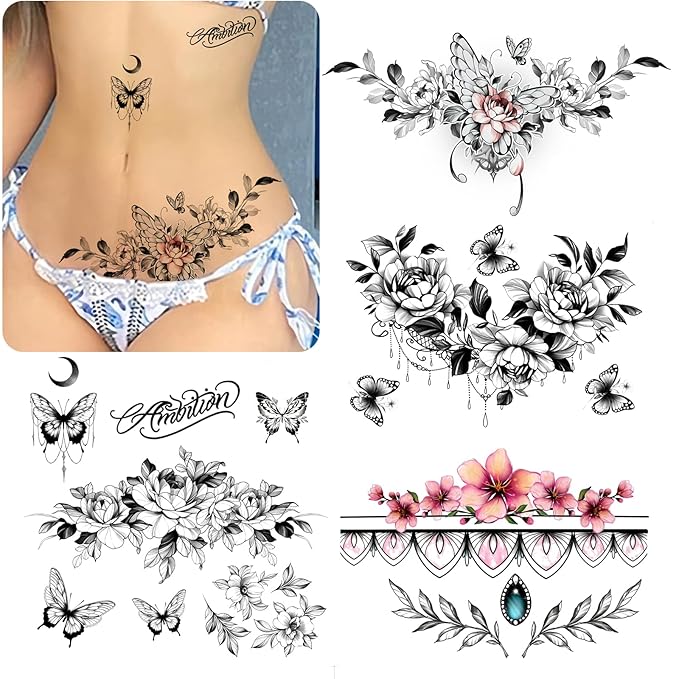 ROARHOWL Women Sexy Temporary Tattoo Sexy Tattoo Set Beautiful Exquisite 3D Realistic Flowers, Butterfly, Abdominate, Chest, Waist and Back Applied Fake Tattoo for Girls ((Design 3))