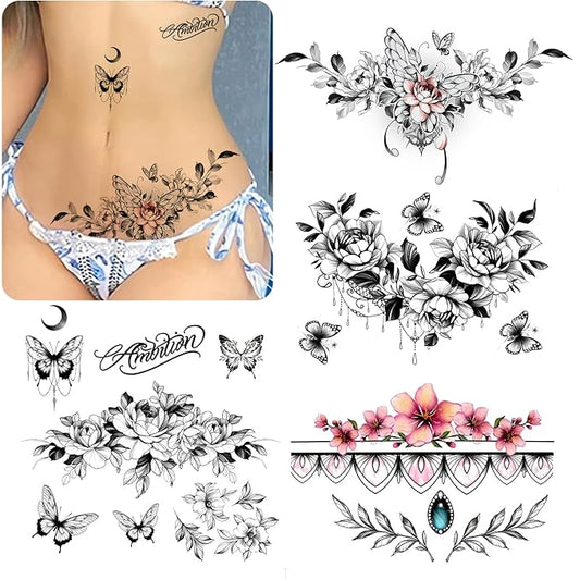 ROARHOWL Women Sexy Temporary Tattoo Sexy Tattoo Set Beautiful Exquisite 3D Realistic Flowers, Butterfly, Abdominate, Chest, Waist and Back Applied Fake Tattoo for Girls ((Design 3))