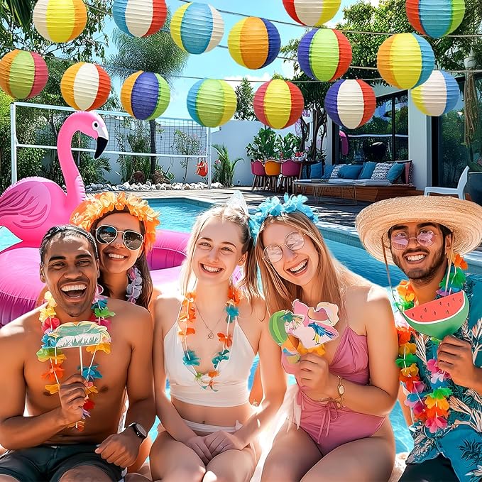 Pool & Beach Theme Birthday Party Decorations – 15PCS 8" Colorful Hanging Paper Lanterns for Tropical, Luau, Hawaiian, Summer & Indoor/Outdoor Events