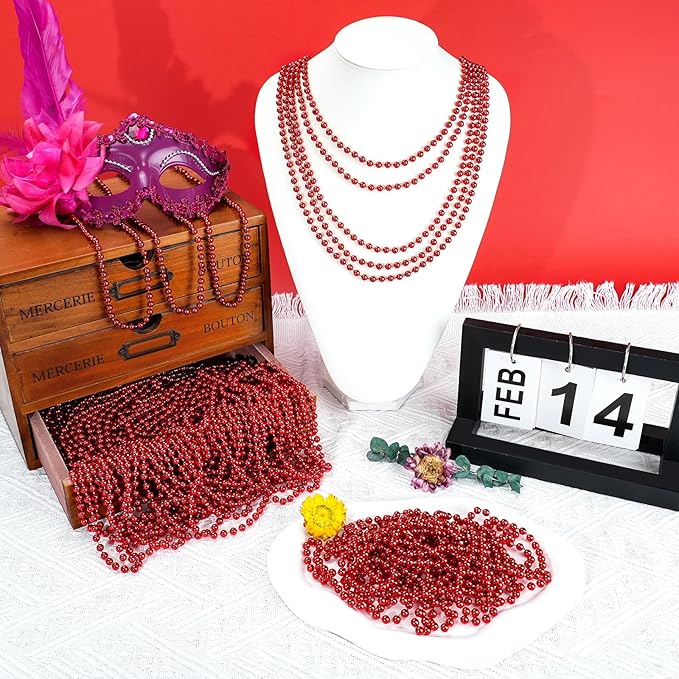 100 PCS Red Mardi Gras Beads, Red Beads Necklaces Christmas Necklaces 33" Metallic Beaded Costume Necklaces Party Necklaces for Valentines Christmas Parade Throws Wedding Birthday Party Favors
