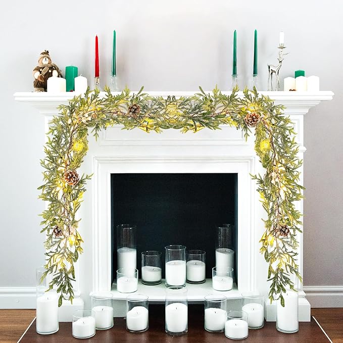9FT Snowy Christmas Garland Battery Operated, Faux Spruce Evergreen Garland with 30 LED Lights, Pine Cones, Berry for Mantel Stair Railing Office Fireplace Decorations