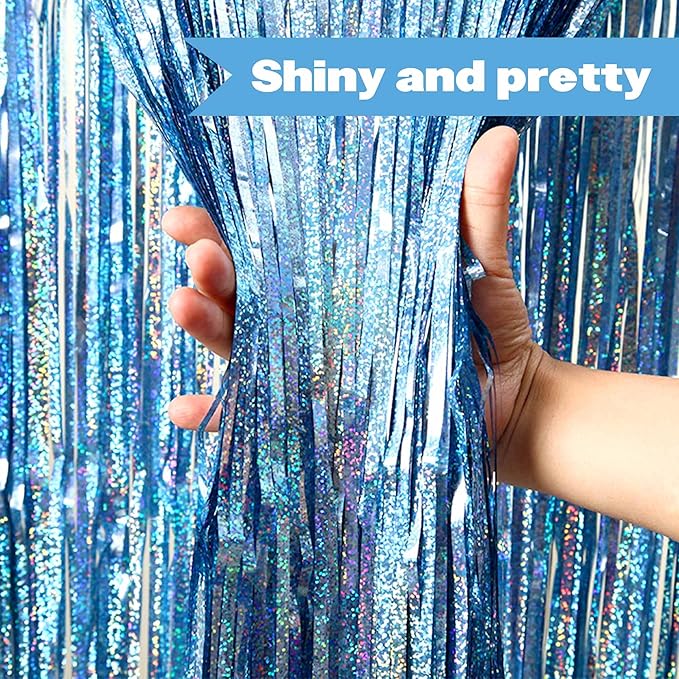 6 Pack Light Blue Foil Fringe Curtains Backdrop, 3.28 x 8.2 Ft Metallic Streamers Tinsel Curtains Background for Photo Booth, Birthday, Christmas, Halloween, Thanksgiving, New Year Party Decorations