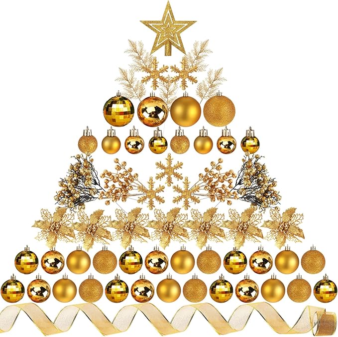 Sratte 94 Pcs Christmas Tree Decorations Set, Christmas Tree Ball Ornaments Glitter Poinsettia Flowers Decorations Glitter Berries Stems for Xmas Holiday Wedding(Gold)