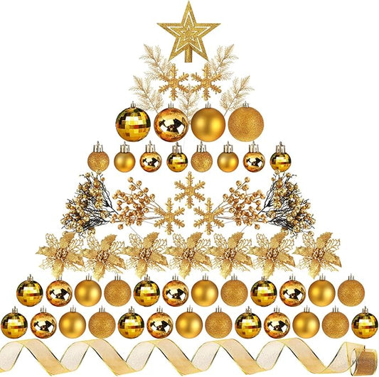 Sratte 94 Pcs Christmas Tree Decorations Set, Christmas Tree Ball Ornaments Glitter Poinsettia Flowers Decorations Glitter Berries Stems for Xmas Holiday Wedding(Gold)
