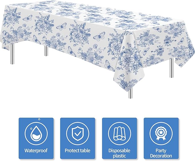Blue and White Floral Party Tablecloth Decorations, 3pcs Disposable Elegant Dusty Blue Flower Party Supplies Table Cover, for Birthday Baby Bridal Shower Wedding Chinoiserie Decor, 86in x 55in