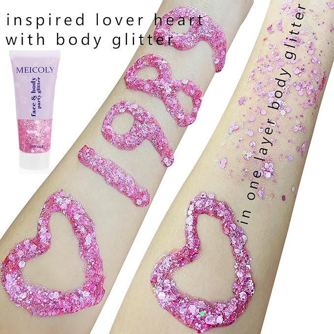MEICOLY Pink Face Glitter,Pink Body Glitter,Sparkly Hair Glitter,Pink Accessories for Spirit Week,Singer Concerts Lover Heart Halloween Glitter Makeup,Mermaid Glitter Face Paint