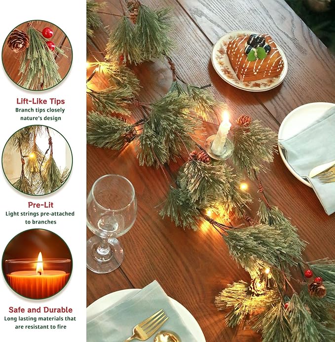 6.4 FT Artificial Cedar Garlands, Real Touch Winter Pine Garland with Red Berries, Green Greenery Garland for Table, Mantle, Wall, Indoor, Outdoor Christmas Decorations