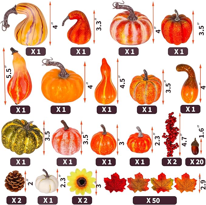 Atonofun Thanksgiving Artificial Pumpkins Fall Decorations for Home, 88 Pcs Decor- 50 Leaves, 20 Acorns, 2 Pinecones, 14 Fake Pumpkins, 2 Sunflowers, Thanksgiving Fall Harvest Home Table Centerpiece