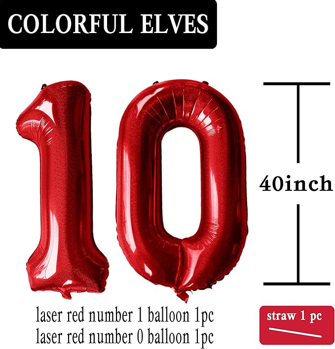 Laser Red Number 10 Balloons 40 Inch Giant Number Red 10 Foil Mylar Balloons for 10th Birthday Anniversary Events Party Decorations