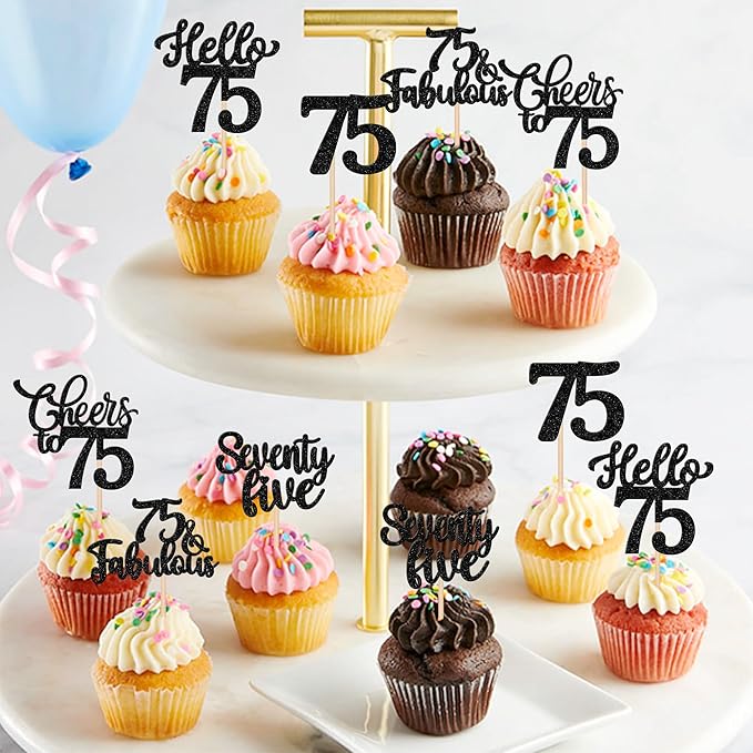 30PCS Happy 75th Birthday Cupcake Toppers Glitter Hello 75 Fabulous Seventy Five Cheers to 75 Years Old Birthday Cupcake Picks for Happy 75th Birthday Anniversary Party Cake Decor Supplies Black