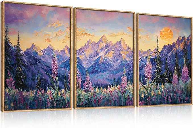 HOURIA Purple Sunset Mountain Landscape Framed Canvas Wall Art Set,Nature Pine Tree Wildflowers Wall Decor,Golden Sunlight Wall Painting,Modern Field Art Prints for Living Room, Bedroom-16 x24 x3