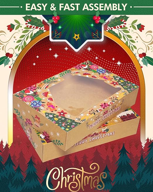 qiqee Christmas Bell version Cookie Boxes with Window 32packs 12x8x2.5 Inch Bakery Box Pastry Box for Christmas