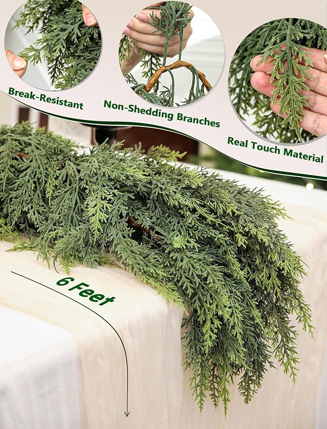 6Ft Real Touch Christmas Cedar Garland, Realistic Full Cedar Garland with Bells Decor, Green Artificial Pine Needles Garlands for Mantel, Fireplace, Stairs Railing, Tables, Christmas Decorations